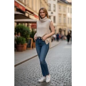 OGL Top Size L NEW FuzzLuxe Turtle Neck Split Hem Top Cream Heather Beige